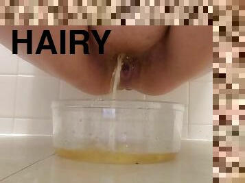 My Hairy Pussy Squats Down And Pisses In A Clear Bowl Amd Splatters On The Floor
