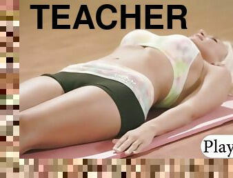 Yoga session with cute girls by big tits yoga teacher