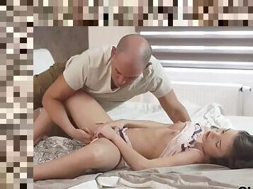 Old man beautifully fucks tiny brunette in the ass in the bedroom