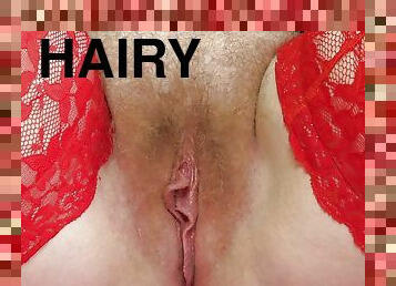 Hairy pussy, clit, wet hole close up. Mature MILF vagina fingering. Home fetish masturbation. ASMR. Do you want her?