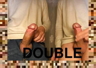 Two step brothers masturbate their uncircumcised big cocks on camera - double video