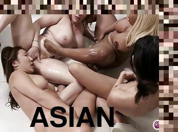 ázsiai, spriccelés, ébenfekete, fajok-között, leszbikus, asszonyok, gruppenszex, borotvált