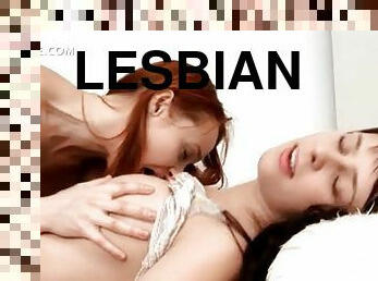 Redhead and brunette kiss and lick pussy