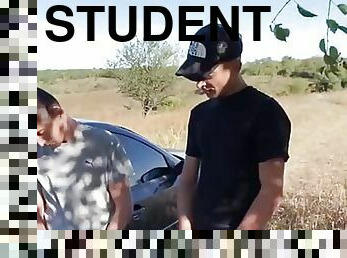 Straight guy fucked 18 year old student outdoor by car and both cum