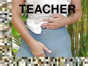 Thick Teacher in leggings showers outdoor and masturbates