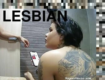 Lesbian sex in the bathroom with two horny teens