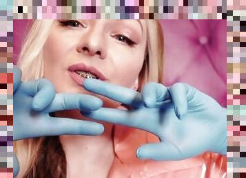 ASMR: blue nitrile gloves fetish - hot sounding - MILF in pink PVC coat (Arya Grander)