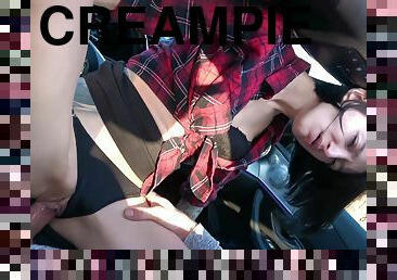 Clothed beauty fucked by the side of the road and creampied