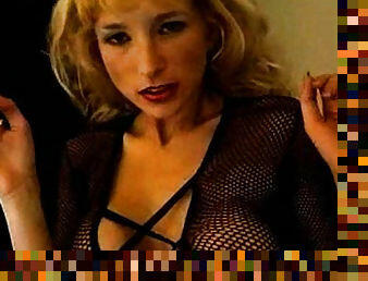 Smoking fetish blonde in black body stocking