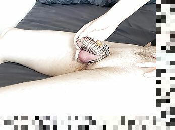 Mistress sucking cock in chastity cage