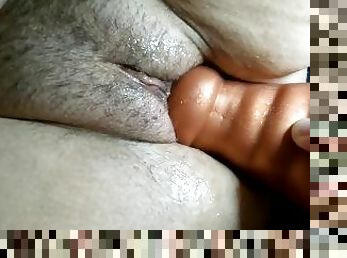 Mega Prince Albert Dildo stretching my hairy pussy wide open.