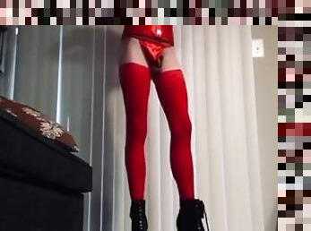 trying on my new red stockings for you ?? with something sexy under my tight little dress ????