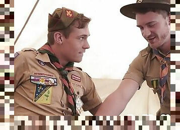 Twink scout rimmed bareback by older stud in the tent
