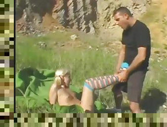Pigtailed blonde with cute socks fucking outdoors