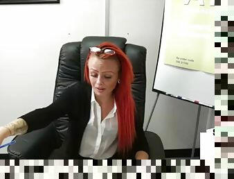 Redhead femdom humiliates tiny dick guy in interview
