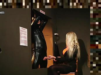 CFNM femdom HJ by MILFS for lucky guy in latex costume