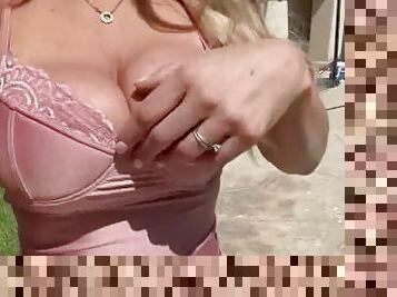 Flashing pussy and tits by the pool