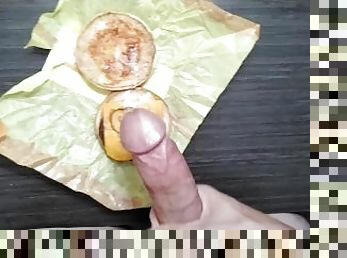 Cumming on cheeseburger, who's hungry?