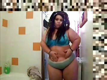 Hot bbw stripping in bathroom