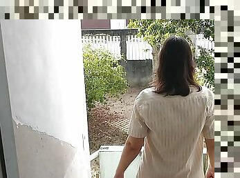 Wife&#039;s cuckold walking without panties outdoor