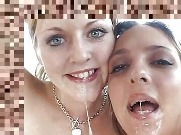 Blonde and brunette honeys get fucked by three studs and swallow cumload