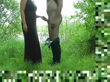 Amateur Milf Makes Her Husbands Big Cock Cum Outdoor In The Woods By A Lake While She Is Clothed