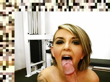 Blonde whore sucks the dick until the jizz starts covering her face