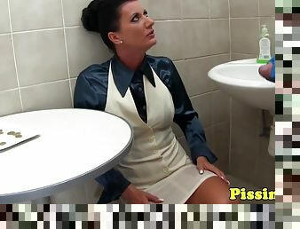 Guy pissing in the mouth busty brunette in the closed toilet