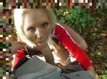 Cute blonde nailed in the woods POV