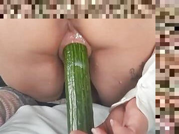 Small and tight pussy, eat cucumber