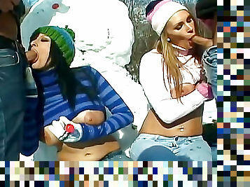 Snow bunnies suck and fuck after making snowman