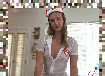 Teen dressed in a nurse uniform to please her boyfriend's fantasies