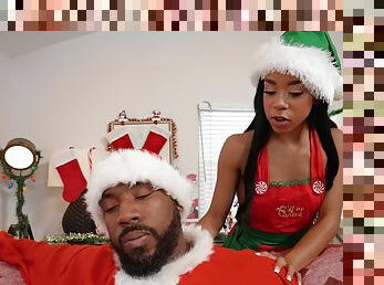Young brunette ebony devours stepdad's dick in Christmas XXX special