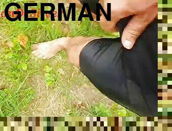 Master Ramon runs and jerks barefoot in his hot cycling shorts in nature and cums all over