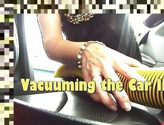 MILF has a smoke then vacuums her car braless wearing a sheer blouse!