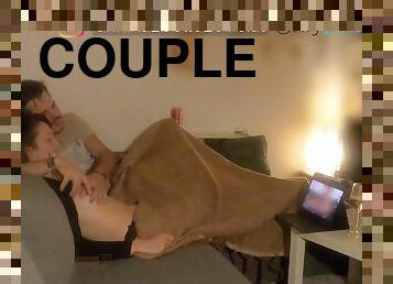 Couple in love engages in beautiful foreplay while watching porn on the couch, part. 2 + dirty talk