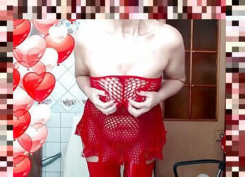 Sexy Lukerya in red between heart-shaped balloons for Valentines Day flirts with fans in red heeled shoes on webca