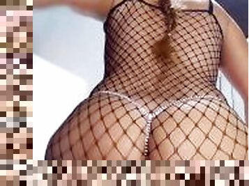 Undressing, fishnet jumpsuit, crystal panties