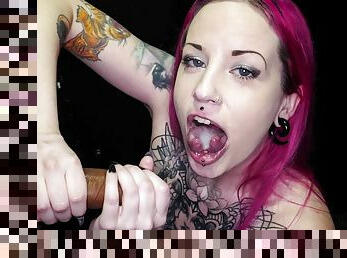Goth girl w snake tongue swallows 8 gloryhole loads