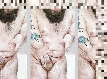 Bearded tattooed midget in bathroom cum three times