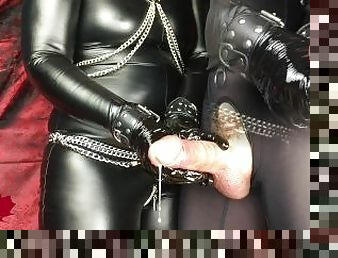 Close up of multiple ruined handjob in latex gloves with urethral penetration and POT. Second view.