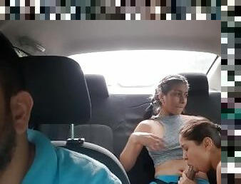 Lesbian stepsisters are very horny and play in the car
