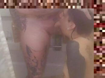 Submissive tattooed slut wife sloppy sucking dick in the shower like a good girl