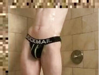 Twink flex’s muscles in shower and plays around in jockstrap. OF: Pup.Stud20