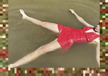 Wetlook Red - Wearing A Beautiful Red Dress That Floats On Water