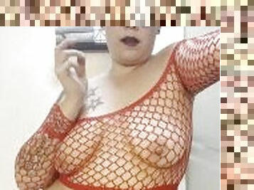 BBW stepmom MILF 420 smoking in fishnets