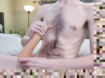 Hairy guy jerking off huge dildo and getting covered in cum (preview)