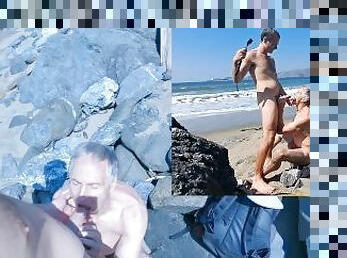Boy Piss drinking hung musc daddy on the beach