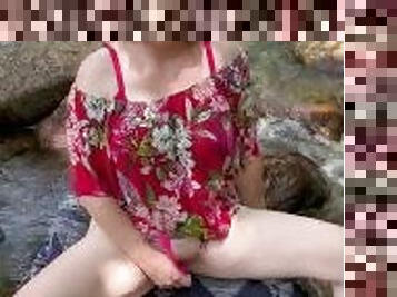 Bold Redhead Plays With Her Vibrating Toy At The Creek!
