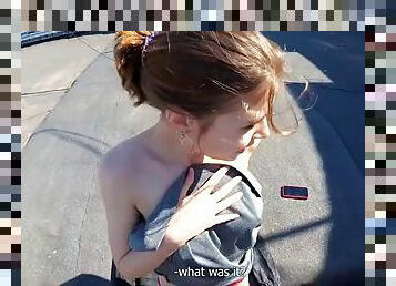 Public Tit Flashing - Blowjob with full eye contact and cum walk on tits